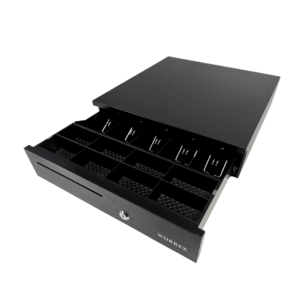 ลิ้นชักเก็บเงิน WORREX รุ่น W-405F สีดำ 5 ช่องแบงค์ 8 ช่องเหรียญ RJ11 12/24V_0